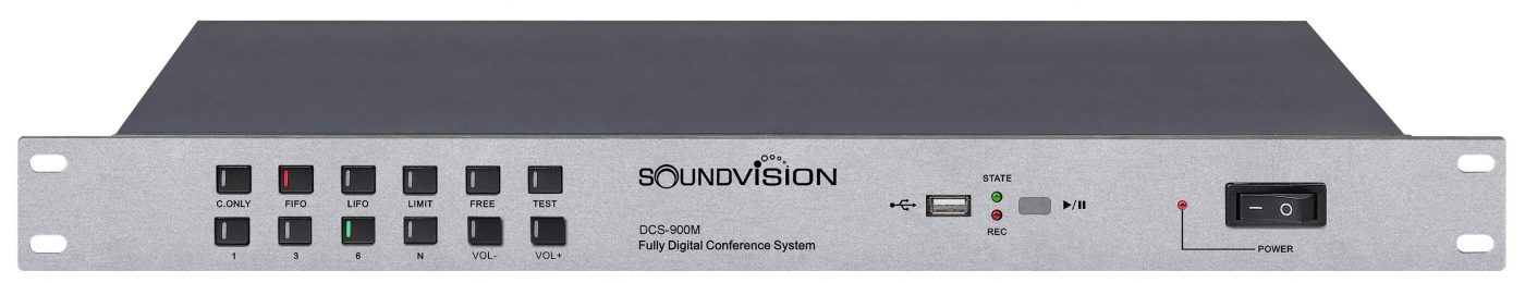 SOUNDVISION DCS-900M เครื่องควบคุมชุดไมค์ประชุม ดิจิตอล รองรับการประชุมสูงสุด 5,000 ชุด สามารถบันทึกเสียงประชุมลง USB ได้ มีฟังก์ชันการทำงาน 6 ฟังก์ชัน